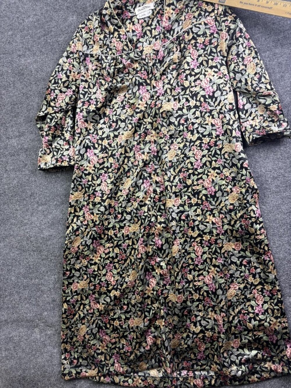 Vintage Christian Dior Gown Womens Large Black Multicolor Floral‎ Satin Kaftan